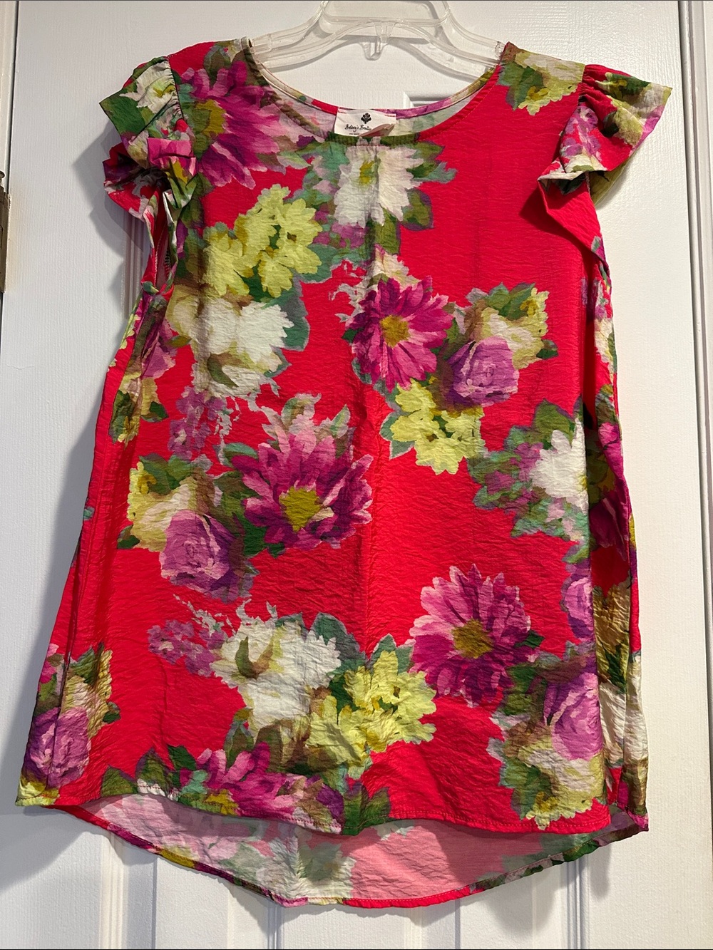 Women's Red Floral Flutter Sleeve Tunic - Unbranded